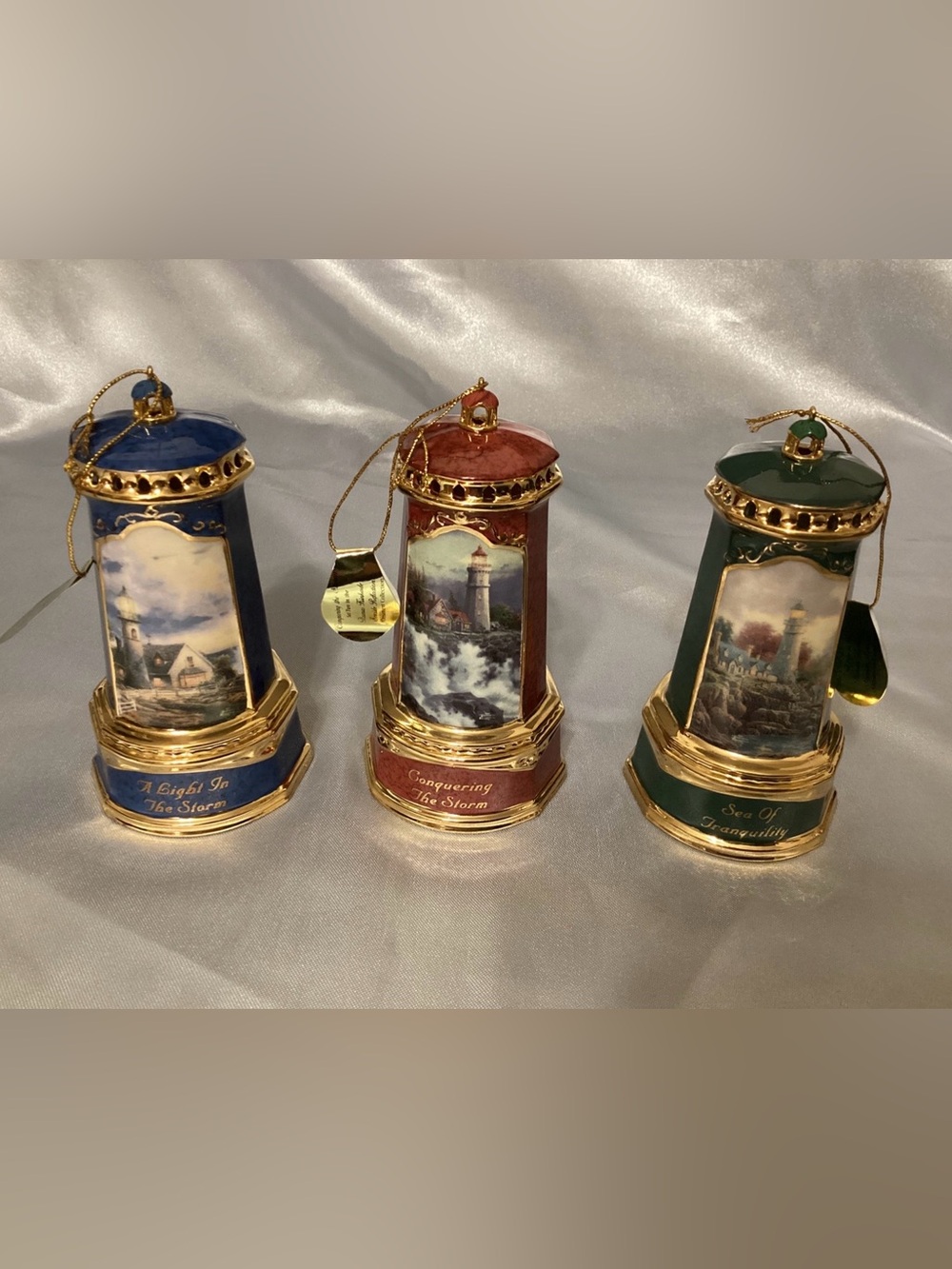 3 Collectable Thomas Kinkade Seaside Reflections Lighthouse Ornaments